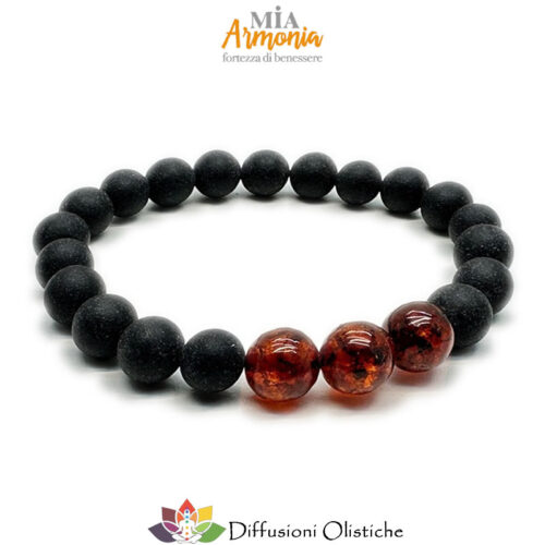 Bracciale elastico ambra nera unisex con tre inserti ambra lucida